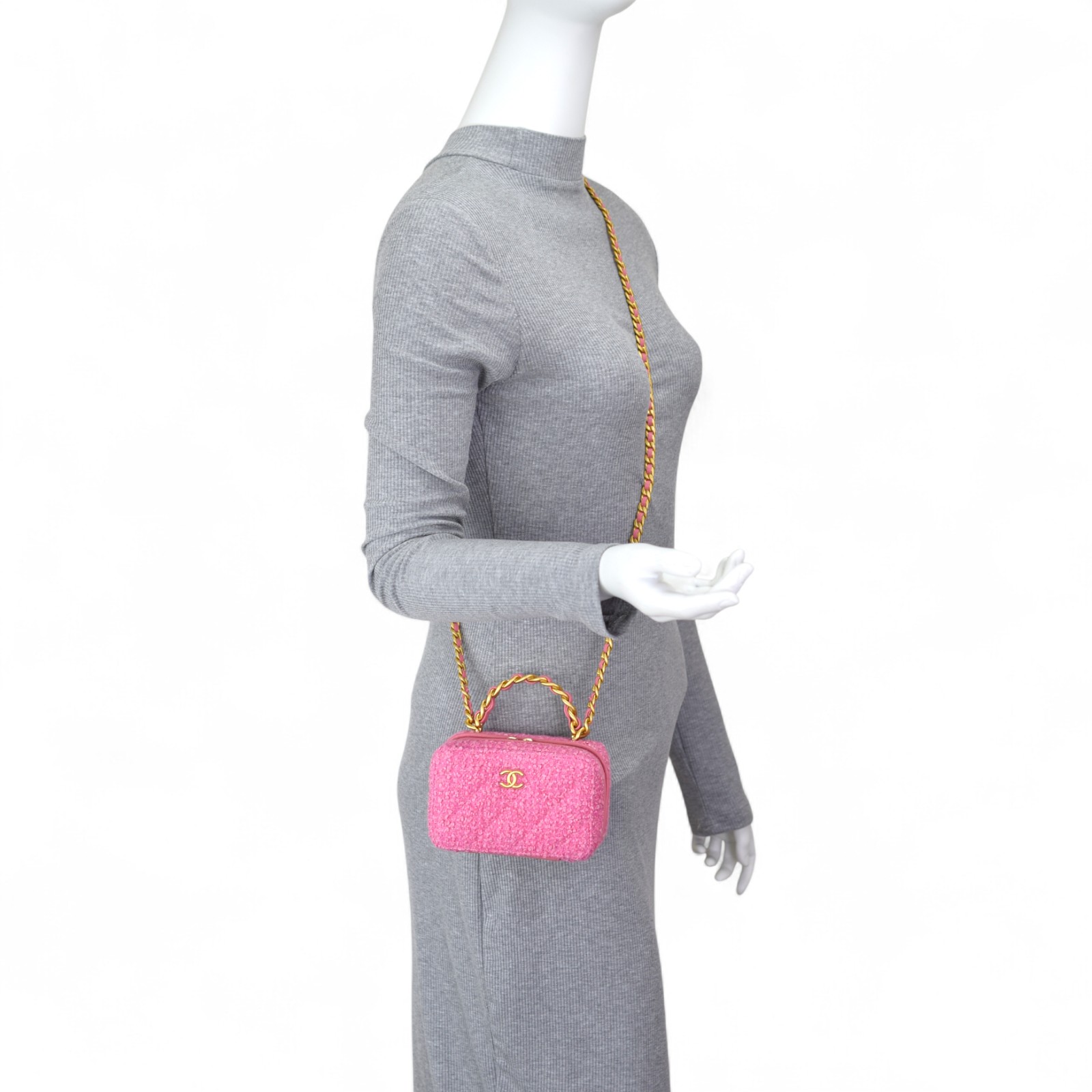 Chanel Tweed Quilted Top Handle Mini Vanity Case in Pink